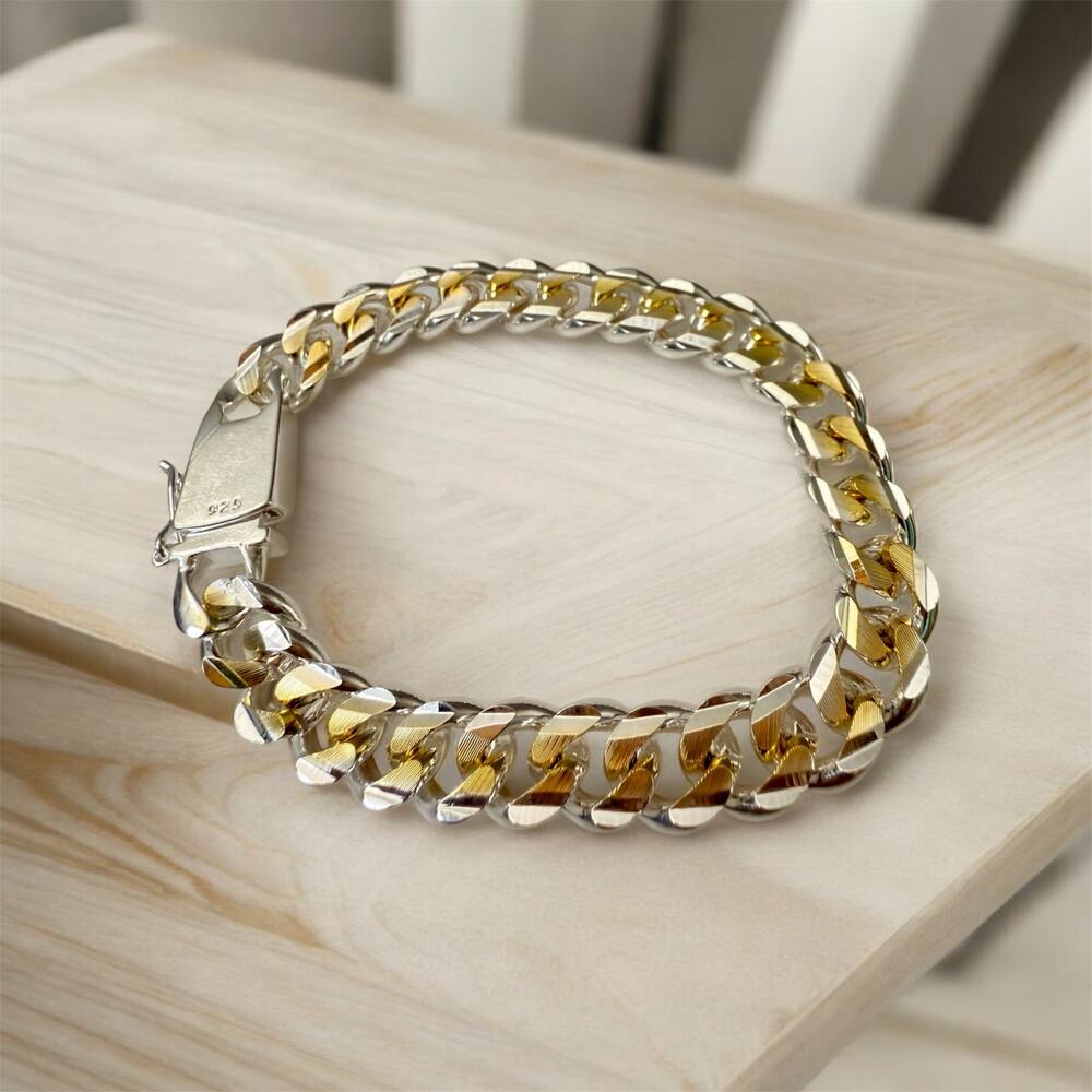 925 Stamped Two Tone Cuban Link Bracelet 10mm 20cm Silver Gold Plated